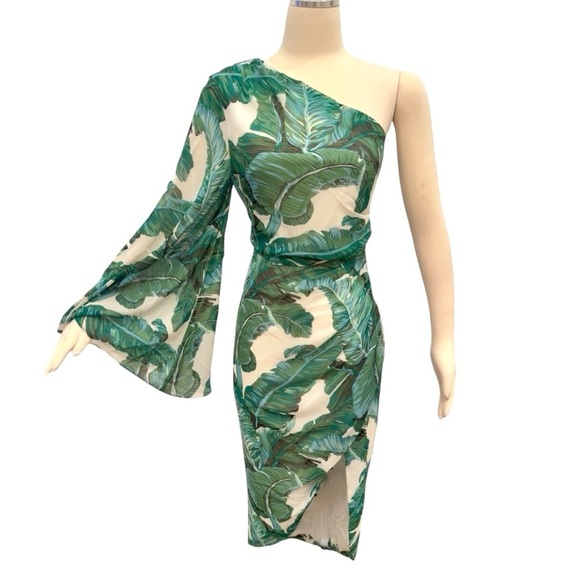 Elliatt Tory One-Shoulder Shift Asymmetrical Hi Low Palm Floral Print Midi Dress - Picture 9 of 12